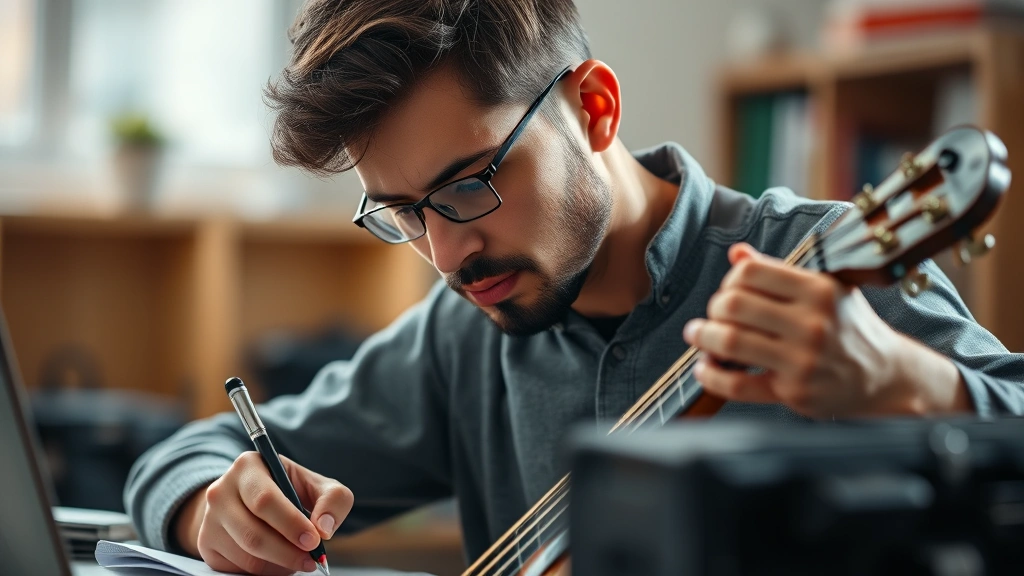 A person intently focused on practicing a skill—perhaps writing, playing an instrument, or coding—with a determined but peaceful expression, natural lighting, showing genuine concentration without stress