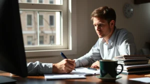 Person at desk writing notes, focused and engaged, natural daylight from window, coffee cup nearby, papers and pen visible, genuine concentration expression, professional casual setting