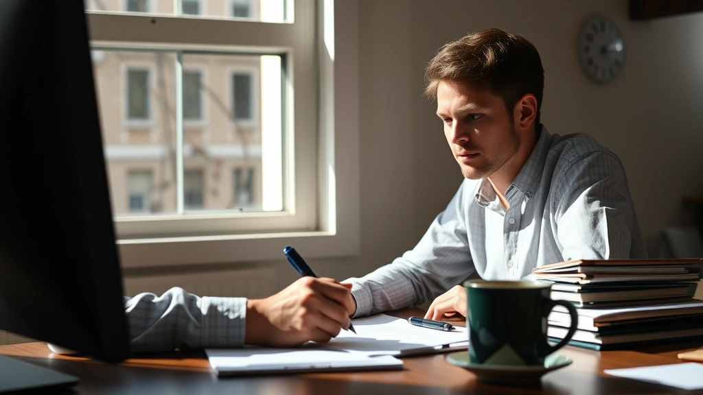 Person at desk writing notes, focused and engaged, natural daylight from window, coffee cup nearby, papers and pen visible, genuine concentration expression, professional casual setting