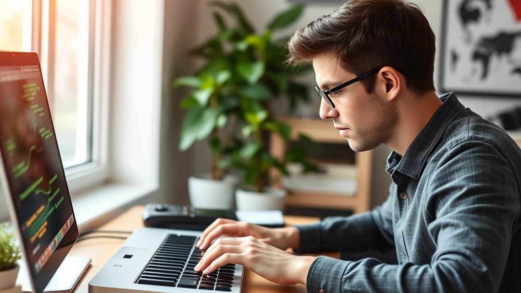 Person focused on practice at a desk, hands on keyboard or instrument, natural daylight, concentration visible, growth-oriented environment