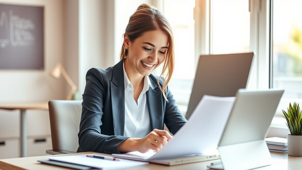 Professional woman reviewing her work at a desk, smiling with genuine satisfaction, natural lighting from a window, warm and encouraging atmosphere