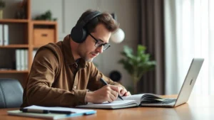 Person intently focused on a single task at a desk with headphones, notebook open, completely absorbed in deliberate practice work