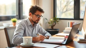 Person focused at desk with notebook and coffee, natural sunlight through window, learning materials nearby, growth mindset expression, warm professional environment
