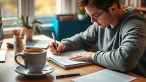 A person focused at a desk writing in a notebook with coffee nearby, warm lighting, natural workspace environment, showing concentration and learning