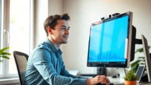 Professional person at desk looking thoughtfully at computer screen with slight smile, natural window lighting, calm workspace environment, growth mindset moment