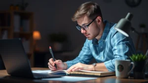 Person focused intently at a desk learning something new, warm lighting, growth mindset expression, coffee cup nearby
