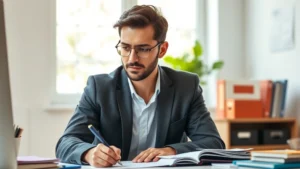 Professional adult focused on task at desk with learning materials, natural morning light, determined expression, growth-oriented environment