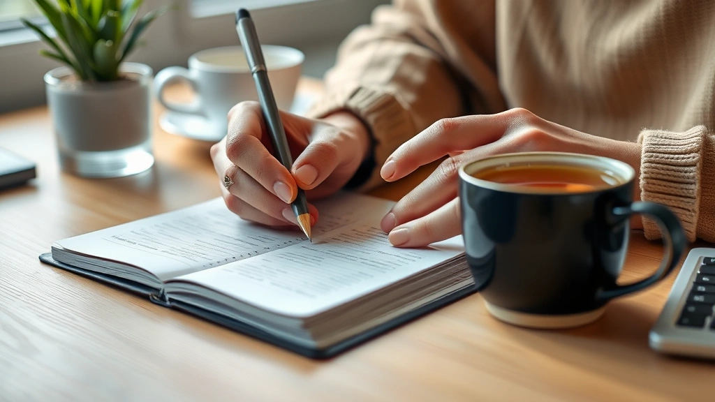 Close-up of hands writing in journal while learning, plant and tea cup nearby, warm natural lighting, desk workspace, growth and progress visual