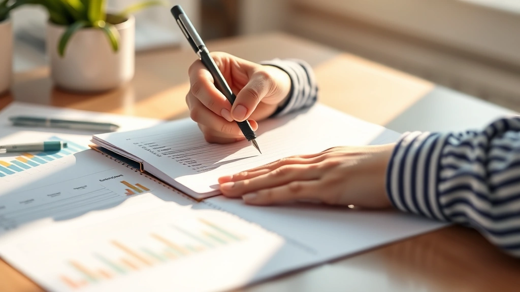Person writing in journal with pen, tracking progress notes, morning light, desk with growth chart visible in soft focus, documenting learning journey