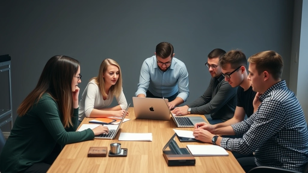 Diverse group of professionals collaborating around a table with laptops and notebooks, reviewing code or design work together, constructive feedback in progress