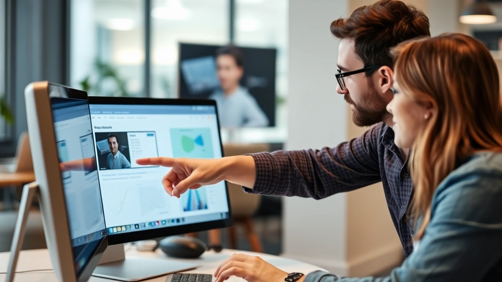 Two professionals in casual setting reviewing work together, one pointing at screen, collaborative feedback moment, genuine interaction