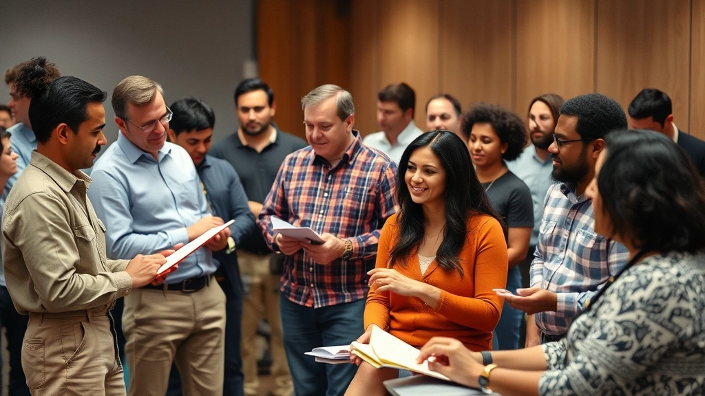 Group of diverse people in a workshop or training setting, actively engaged in learning, some taking notes, collaborative energy, real classroom or meeting room environment, genuine interactions