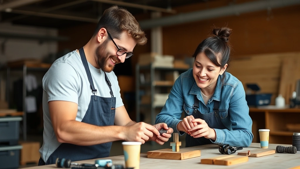 Adult learner practicing a new skill with mentor nearby, both engaged and smiling, real workspace setting, showing collaboration and growth moment
