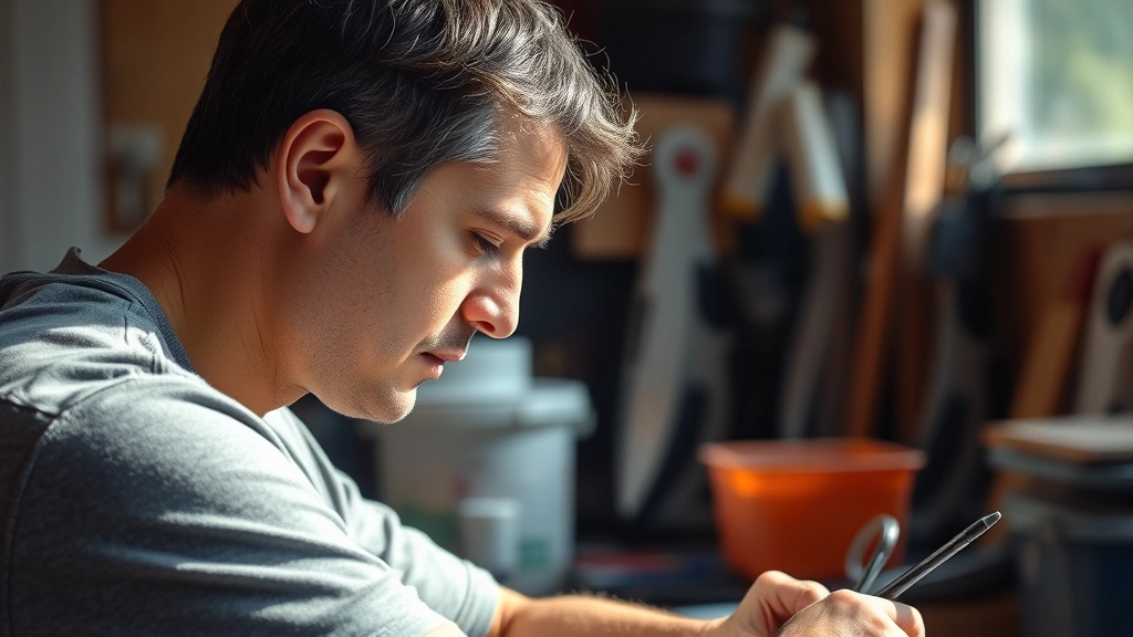 Person deeply concentrated during practice session at workspace, natural lighting, tools of the skill visible but not prominent, determined but peaceful demeanor