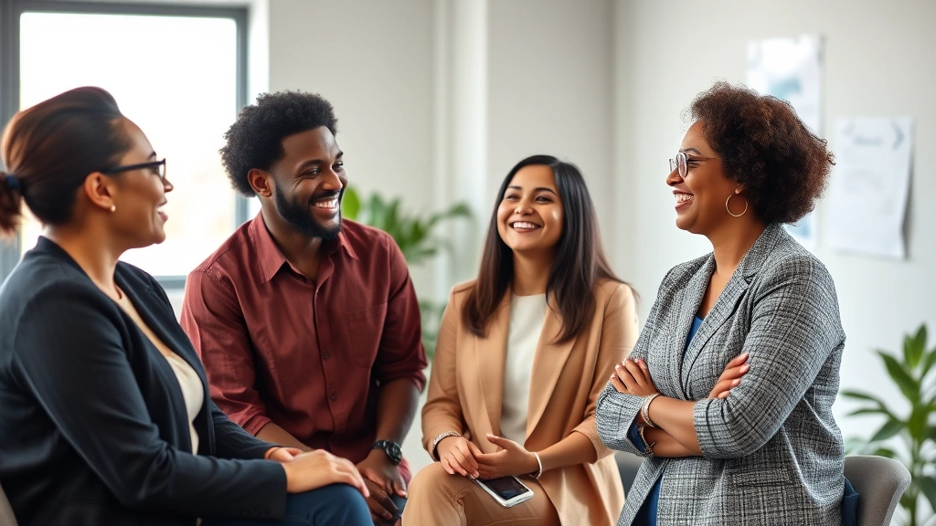 Diverse group in casual office setting having genuine conversation and laughing together, natural lighting, showing authentic professional relationships and mentorship moment