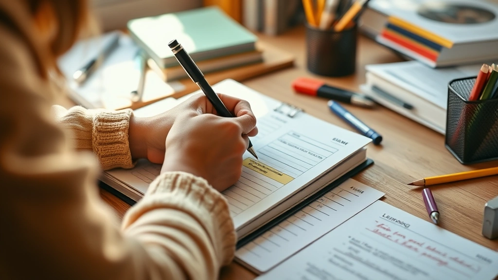 Close-up of person's hands writing in learning journal, tracking progress notes, warm lighting, organized workspace with learning materials