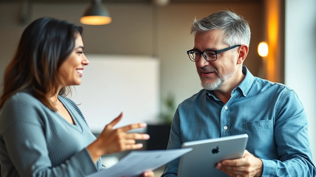 A mentor or coach providing feedback to a learner, both engaged and positive, perhaps reviewing work together or discussing progress, warm lighting, real human connection visible