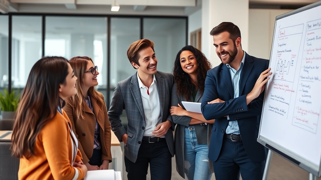 Group of diverse professionals in collaborative discussion, one person explaining concept on whiteboard, others listening attentively, modern office space, natural expressions of understanding and engagement