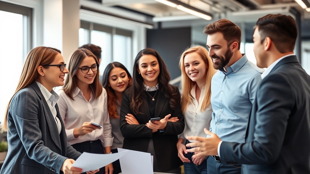 Diverse group of professionals in a mentoring session, one person explaining something to another, both engaged and focused, collaborative energy, modern office setting