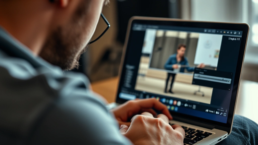 Close-up of someone reviewing their recorded practice video on a laptop screen, studying their own performance with a thoughtful expression