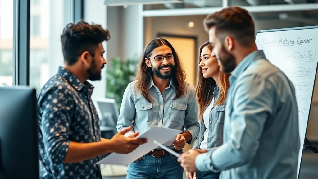 Diverse team members collaborating and providing constructive feedback to each other in modern office, engaged discussion, whiteboard with ideas, genuine interaction