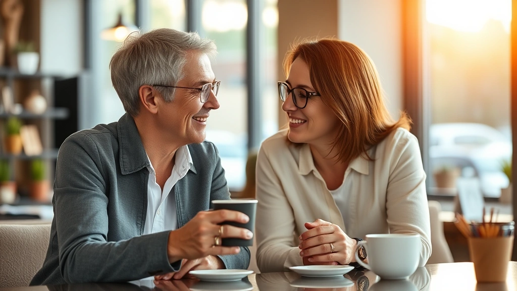 Two colleagues having genuine conversation over coffee, warm lighting, authentic connection and support, professional casual setting, trust and mentorship visible