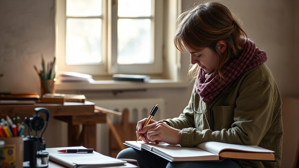 Someone practicing a skill with concentrated effort, notebook and tools visible, natural window light, moment of learning