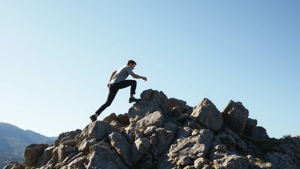 Individual climbing rocky terrain with clear sky, metaphor for overcoming challenges, determined but sustainable pace, natural landscape perspective