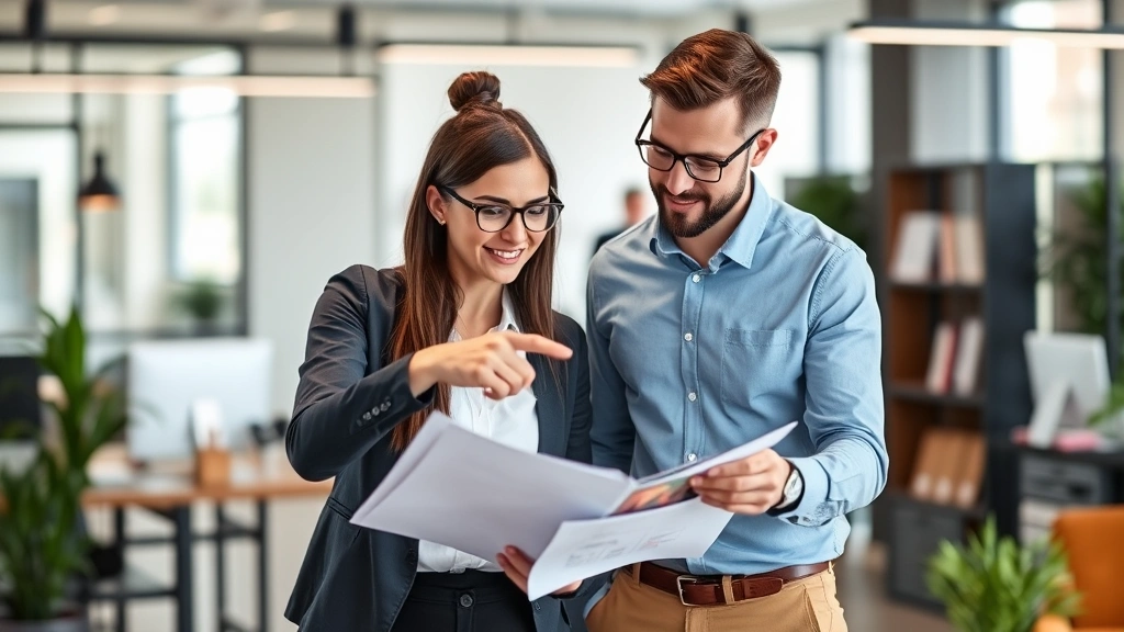 Two professionals collaborating, one explaining concept to other while pointing at shared work, engaged and supportive atmosphere, modern workspace, teamwork and feedback