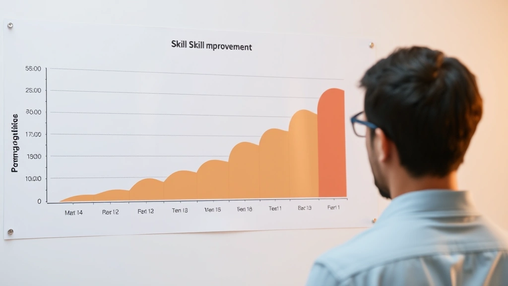 Progress chart showing skill improvement trajectory over time, person reviewing their own performance data, self-reflection moment