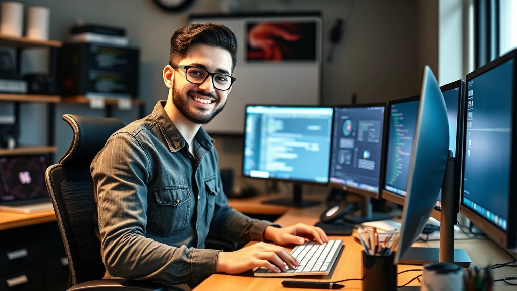 Skilled developer or engineer confidently working at their desk with organized workspace, displaying mastery and comfort with their technical environment
