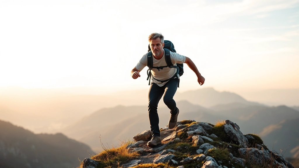 Individual climbing or hiking upward on a mountain trail, focused expression, natural landscape background, representing growth and progress, morning or golden hour lighting, realistic and inspiring