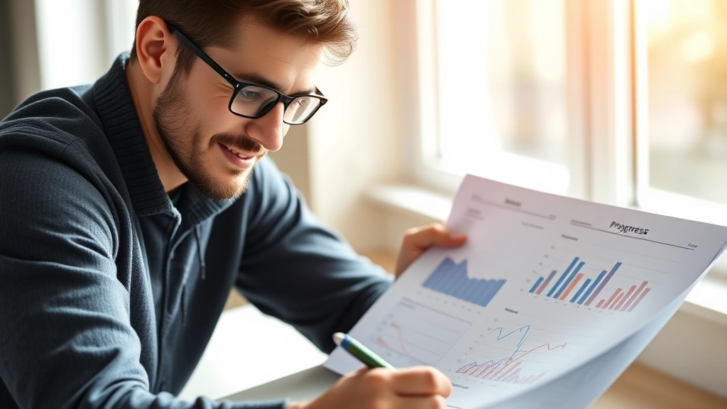 Individual reviewing progress notes and charts on paper, looking satisfied and determined, natural lighting, reflecting on skill development achievements