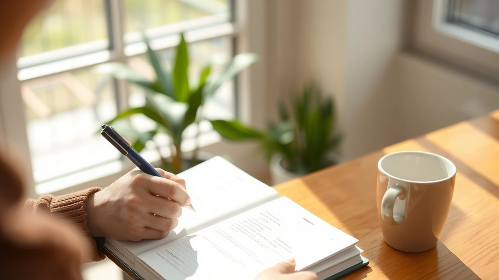 Person reviewing handwritten notes and progress journal with coffee nearby, morning light, satisfied expression, showing reflection and measurement of progress