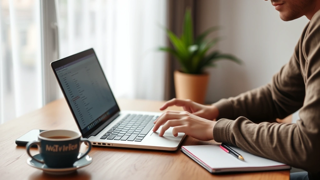 Individual working at laptop with notebook nearby, coffee cup on desk, early morning or focused work session, showing deliberate practice and skill-building in real environment