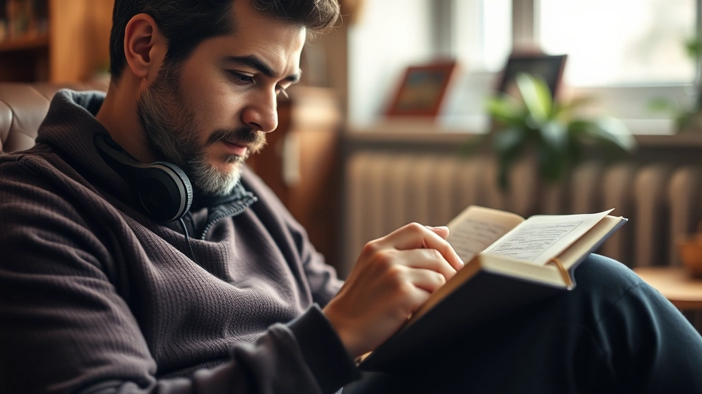 A person reviewing notes in a journal or sketchbook, looking thoughtful and reflective, warm indoor setting, capturing the progress-tracking and reflection moment