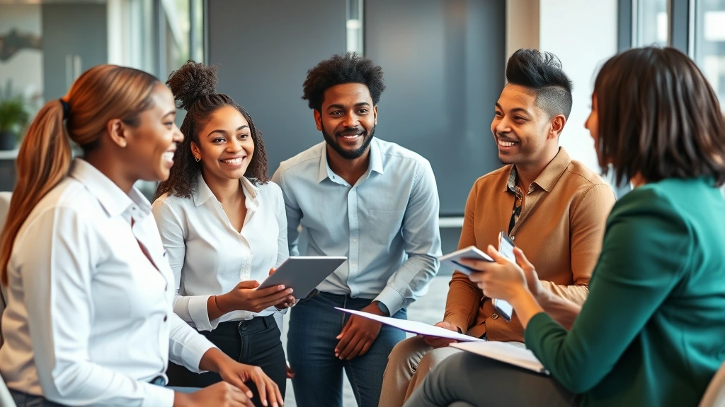 Diverse group of professionals having a mentorship discussion, one person providing feedback to another, collaborative learning environment, genuine connection and growth-focused conversation