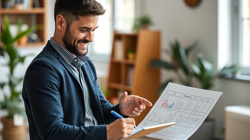 Young professional reviewing handwritten notes and progress chart, satisfied expression, natural indoor setting, growth mindset visual