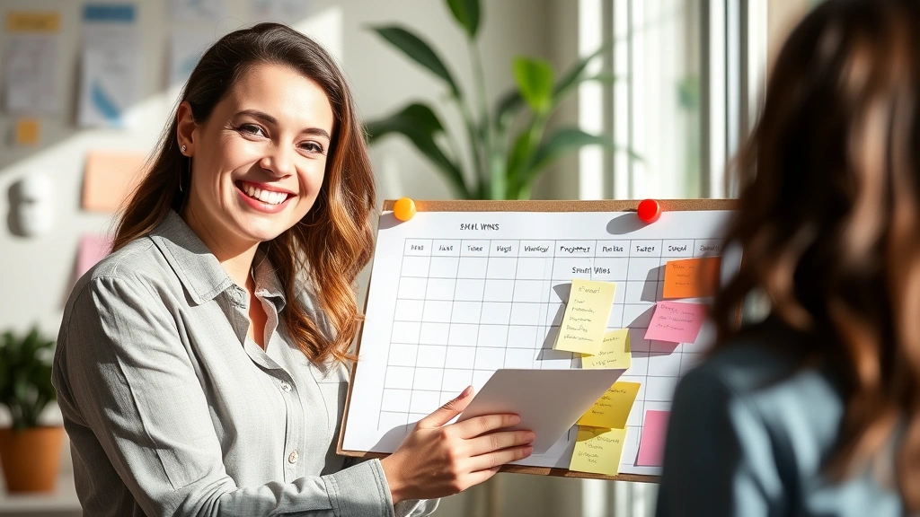 Professional celebrating small wins on a progress tracker, smiling, surrounded by notes and achievement markers, natural daylight, authentic moment of growth
