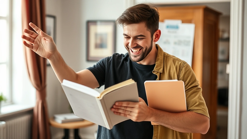 A person celebrating a small win or milestone—maybe reviewing their progress journal, standing confidently, or smiling at completed work, showing genuine satisfaction and growth