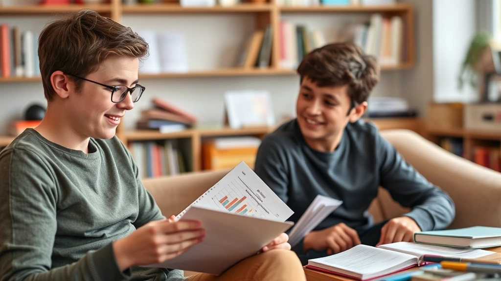 Individual reviewing progress notes and charts in notebook, reflecting thoughtfully, comfortable learning space with books and materials, satisfied expression showing growth and achievement