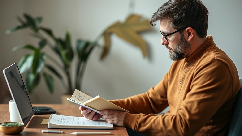 Individual reviewing progress notes or journal, reflecting on development, genuine moment of recognition, growth visualization