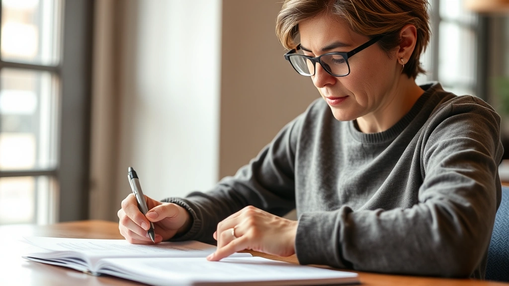 Person reviewing notes and feedback on a document, taking notes, showing growth and learning process, concentrated but hopeful expression, notebook and pen visible
