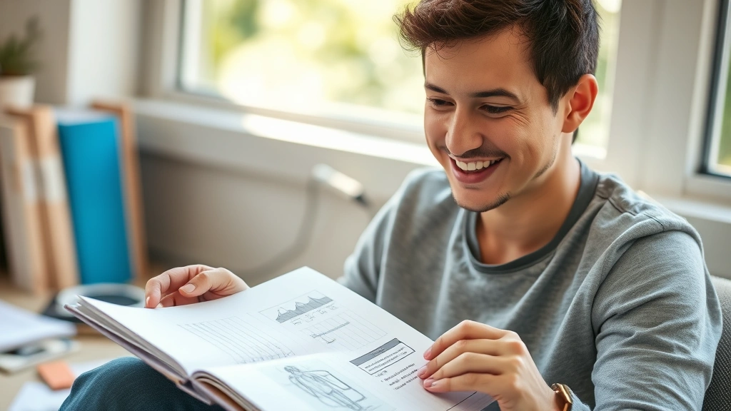 Person reviewing progress notes and reflecting on learning journey, satisfied expression, notebook with sketches and written progress, natural light, moment of realization