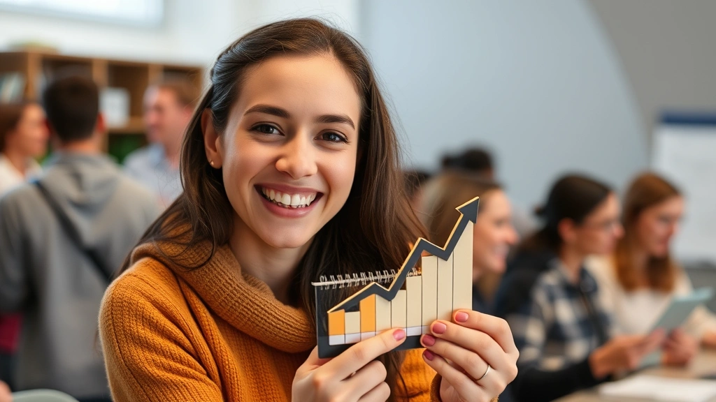 Individual celebrating small milestone with genuine smile, progress chart or journal visible, supportive community in background, authentic accomplishment feeling