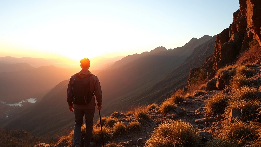 Person hiking on mountain trail looking toward distant landscape, sunrise or golden hour light, sense of progress and perspective, overcoming challenges metaphor