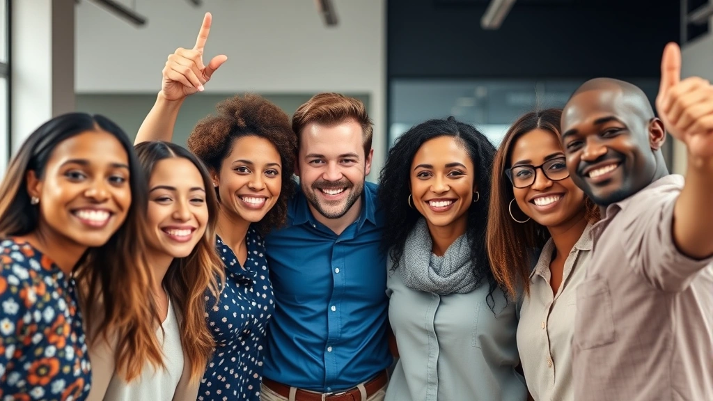 Diverse group celebrating a milestone or achievement together, genuine smiles, collaborative energy, professional development setting