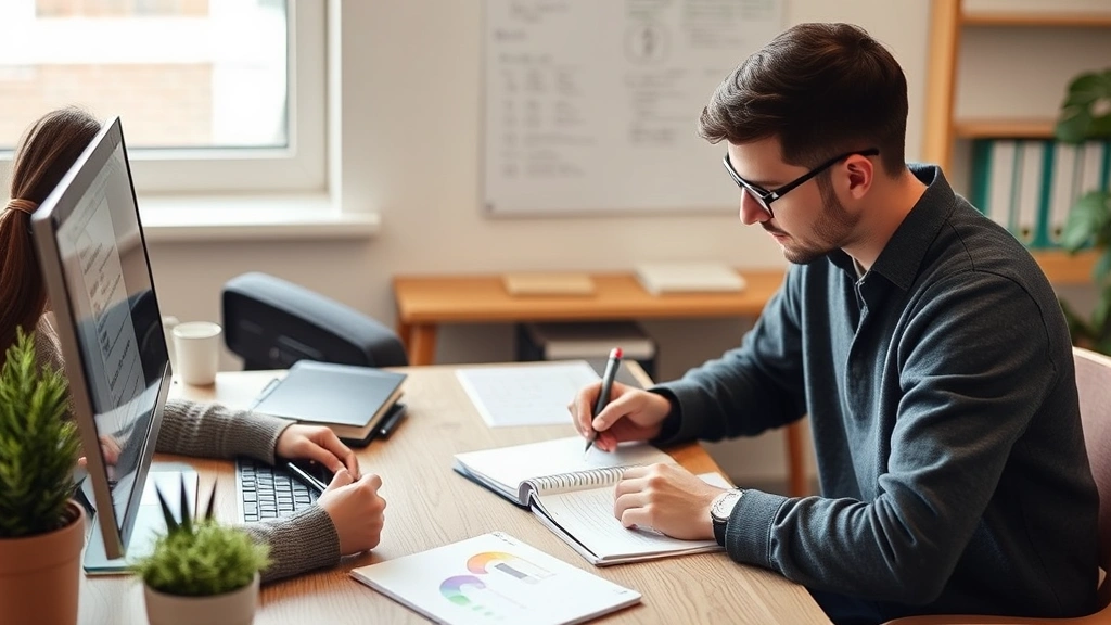 Individual reviewing progress notes and reflecting on improvement, journaling or note-taking, personal growth moment, authentic learning space