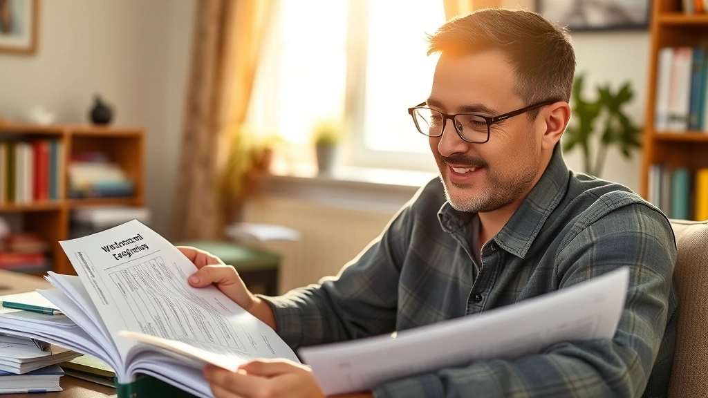 Person reviewing notes and flashcards with satisfied expression, organized study materials visible, morning light, breakthrough moment captured