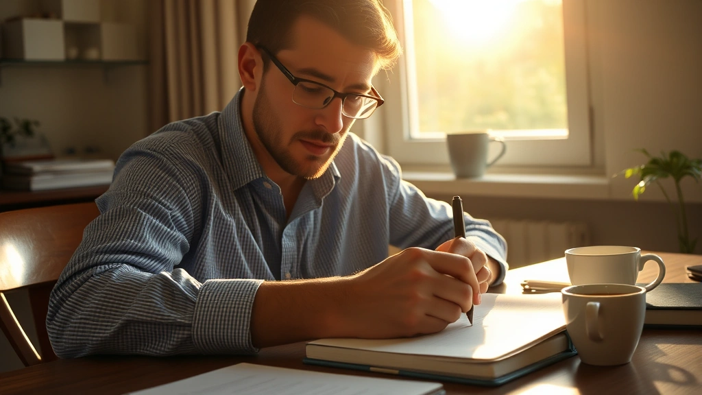 Person focused at desk with notebook and coffee, morning sunlight, studying intently with determined expression, hands visible writing notes